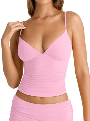 PINKMSTYLE Trendy Womens V Neck Crop Tank Top Double Layer Spaghetti Strap Adjustable Slim Fit Going Out Party Summer Top Spft Pink X-Large - Thumbnail 2