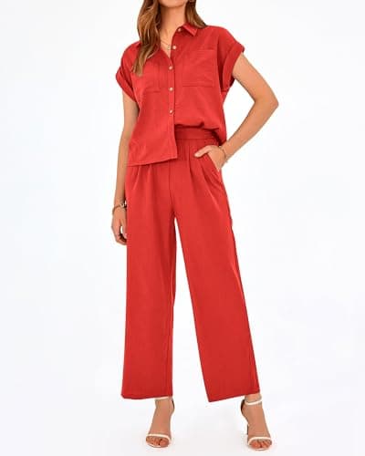 PRETTYGARDEN Womens 2 Piece sets Summer Cap Sleeve Tops Palazzo Pants Dressy Casual Vacation Travel Outfits Tracksuits(Red,Medium) - Thumbnail 3