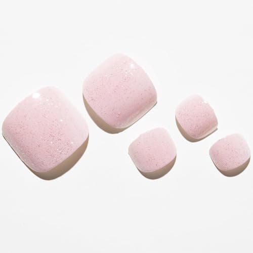 GLAMERMAID Baby Pink Press on Toenails Short, Spring Summer Shrimmer Jelly Soft Glossy Gel Glue on Toe Nails, Neutral Glitter Reusable Square Toe Fake Nails, Acrylic False Nails Manicure Kit for Women - Thumbnail 4
