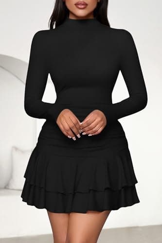 PRETTYGARDEN Women's Fall Long Sleeve Dresses 2026 Mock Neck Ruched Y2K Clothes Ruffle Layered Bodycon Mini Party Dress(Black,Large) - Thumbnail 3