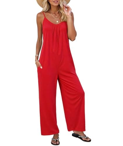 LILBETTER Casual Jumpsuits for Women Summer Sleeveless Rompers Wide Leg Boho One Piece Outfits with Pockets for Daily Lounge Wear(Bright Red Large) - Image 1