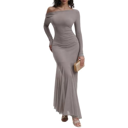 Curvphilo Strapless Bodycon Maxi Dress Women Double Lined Modal Mesh Formal Cocktail Party Wedding Guest Dress (Double Lined, US, Alpha, X-Large, Regular, Regular, Long Sleeve Khaki) - Image 1