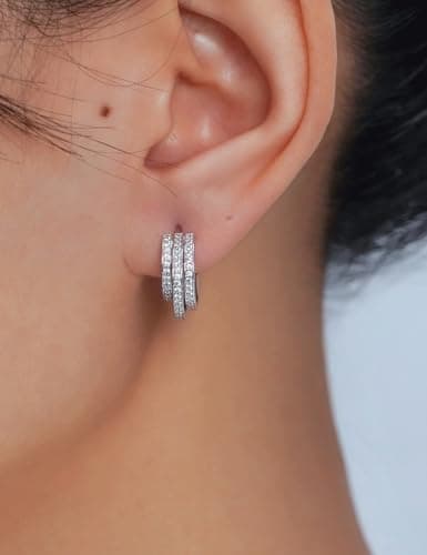 IMOLOVE Moissanite Hoop Earrings for Women, 0.7 Carat Trendy Triple Hoop Huggies Sterling Silver Fashion Hypoallergenic Hoop Earrings with 18K White Gold Plated - Thumbnail 4
