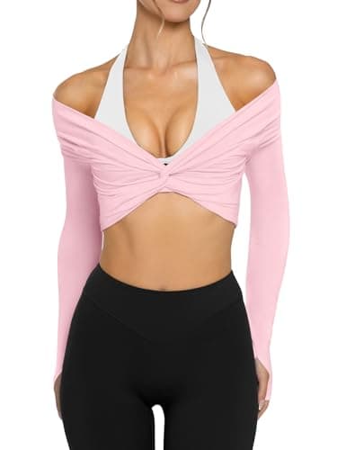 LASLULU Womens Long Sleeve Workout Tops Sexy Off the Shoulder Twist Front Bolero Shrugs Yoga Gym Ballet Wrap Tops Pilates Outfits (Light Pink, Small) - Thumbnail 2