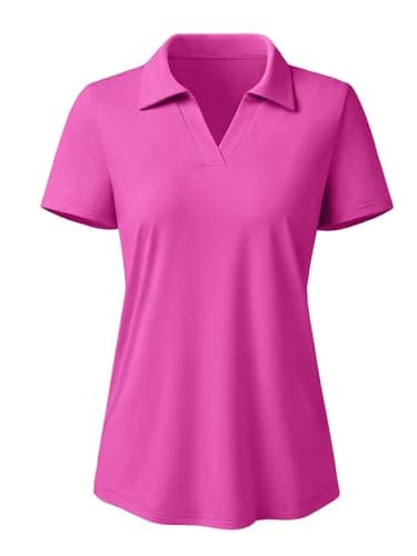 3rd hill Women's Polo Shirts Short Sleeve UPF 50+ Sun Protection V Neck Golf Tennis Collared Work Tops Dry Fit Hot Pink M