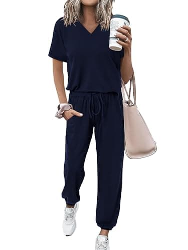 MASCOMODA Womens 2 Piece Outfits Summer Casual V Neck Short Sleeve Tops Long Pants Tracksuit Lounge Jogger Set with Pockets(Navy,Small) - Image 1