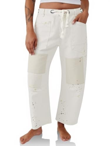 PLNOTME Womens Baggy Barrel Horseshoe Jeans Wide Leg Patchwork Low Rise Denim Pants with Pockets White - Image 1