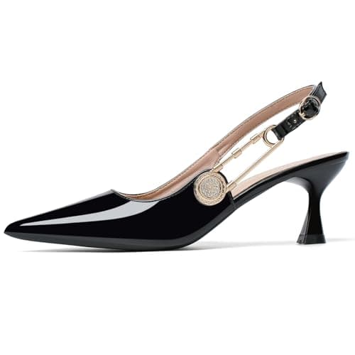 QFDZLA Women's Slingback Kitten Heels Closed Pointy Toe Elegant Dressy Wedding Party Dress Shoes Pumps for Women Black 5 - Thumbnail 4