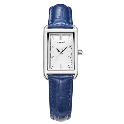 SINOBI Minimalist Causal Square Watch for Women Leather Strap Watch (Silver-Blue) - Image 1