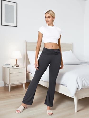 COPYLEAF Flare Leggings for Women Fold Over Yoga Pants Stretch Bell Bottom Y2K Lounge Casual Sweatpants(Dark Grey XL) - Thumbnail 4