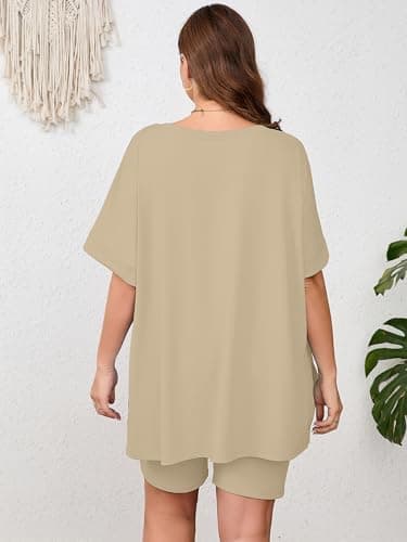 AusLook Women's Plus size 2 Piece Short Outfits Set Short Sleeve Tops and Shorts Pants Light Khaki 3X Casual Comfy Soft Ladies Short Sleepwear Lounge Pajama Matching Set - Thumbnail 2