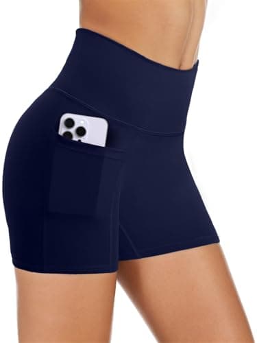 COPYLEAF Biker Shorts Women with Pockets 5'' High Waisted Gym Workout Spandex Shorts Tummy Control Yoga Shorts((Navy Blue M)) - Image 1