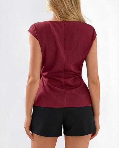 BTFBM Womens Tops Summer 2026 Cap Sleeve Crew Neck Tie Waist Blouses Dressy Casual Business Work Clothes Early Fall Fashion(Red, X-Small) - Thumbnail 3