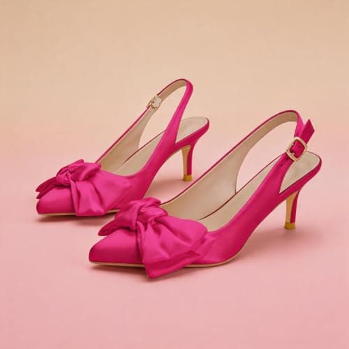 RUSAUISE Hot Pink Heels Pointed Toe Slingback Pumps with Bow Kitten Heels Sexy Formal Dress Shoes for Prom Causal Party Cocktail Magenta Size 7.5 - Thumbnail 4
