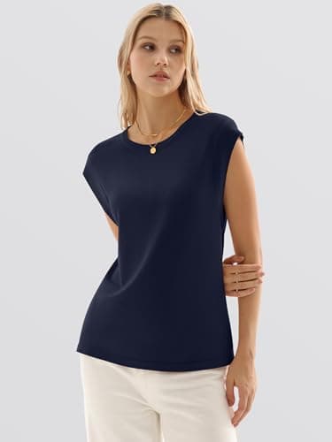 ANRABESS Women's Sweater Vest 2026 Summer Crew Neck Cap Sleeve Tank Tops Business Casual Lightweight Pullover Sweaters Shirts Navy Blue-L - Thumbnail 6