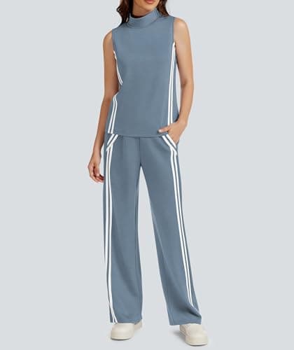 Casly Lamiit Lounge Wear for Women 2 Piece Set Travel Outfits Casual Sweat Suit Track Activewear Mock Neck Sleeveless Top Wide Leg Pants Grey Blue 2XL - Thumbnail 3