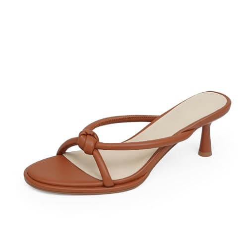 Easyfox Womens Brown Heels Rounded Open Toe Sandals Mules Slip on Bow Heels Comfort Party Shoes Size 8.5 - Image 1