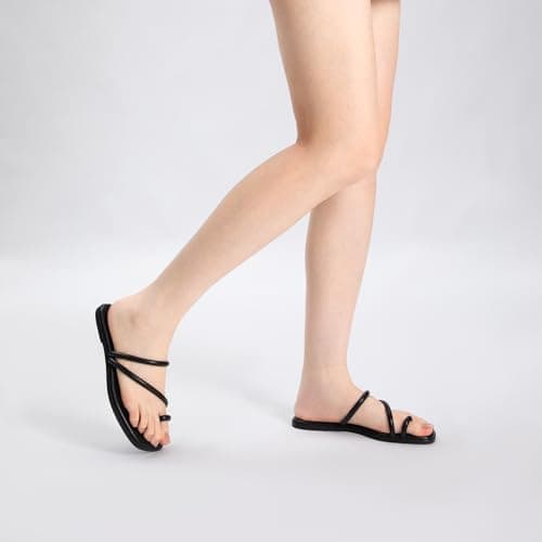 Rihero Black Slide Sandals Women Comfortable Square Toe Strappy Thong Flat Sandals Beach Dressy Slip On Flip Flops Size 9 - Thumbnail 2