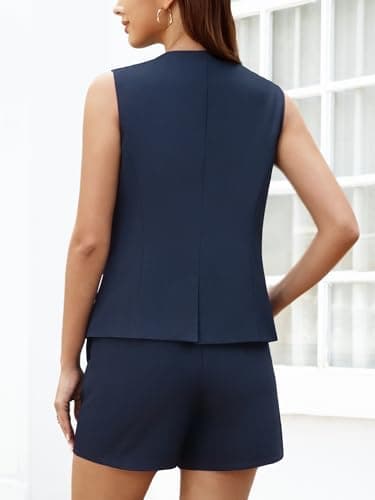 Casly Lamiit Womens Two Piece Short Sets Summer Business Formal Outfits Button Down Vest Pocket Suiting Professional Classic Clothing Navy Blue XS - Thumbnail 3