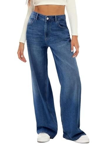 HDLTE Women's High Waist Baggy Boyfriend Jeans - Wide Leg Loose Denim Pants with Pockets(Dark Blue,Large) - Image 1