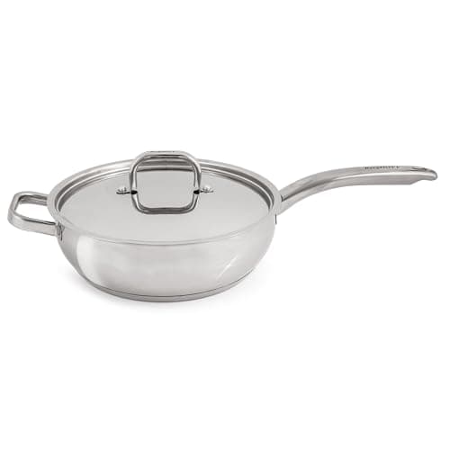 Berghoff Belly Shape 18/10 Stainless Steel 9.5 inches Deep Skillet 3.2qt., Metal Lids, Fast, Evenly Heat, Induction Cooktop Ready