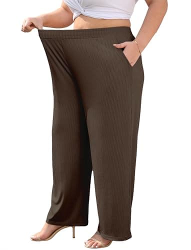 Lastshe Plus Size Comfy Lounge Pants for Women Wide Leg Stretchy Knit Pull On Trousers High Waist Travel Yoga,Chocolate Brown,4X - Thumbnail 5