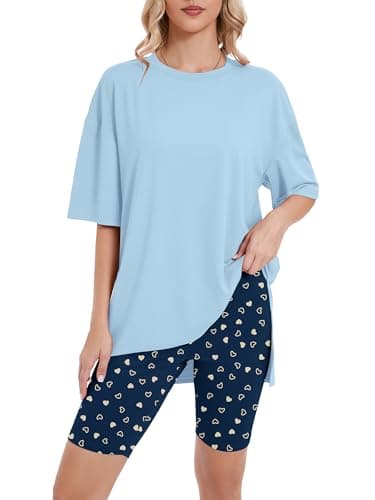 Heymoments Two Piece Sets for Women Print Floral Medium Oversized T-Shirt and Biker Shorts Pajama Set Soft Summer Pajamas Set Breathable Sleepwear Comfy Nightwear Womens Pjs Set - Image 1