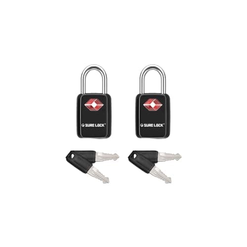 SURE LOCK TSA Approved Luggage Locks - One Key Opens All, Compact & Durable Zinc Alloy Travel Lock with Steel Shackle, Keyed Alike (Black 2 Locks, Mini Size for Suitcase/Backpack/Gym Locker)
