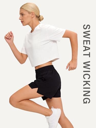 Stelle Womens Workout Crop Top Loose Short Sleeve Shirt Breathable Quick Dry UPF 50+ Oversized Boxy Tee for Running Athletic White X-Large - Thumbnail 6