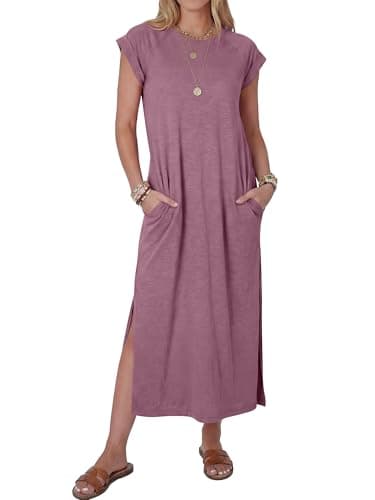 ANRABESS Women Summer Maxi Dress 2026 Casual Loose Cap Sleeve Crewneck Split Beach Vacation Long Sundress with Pockets Purple X-Large - Image 1