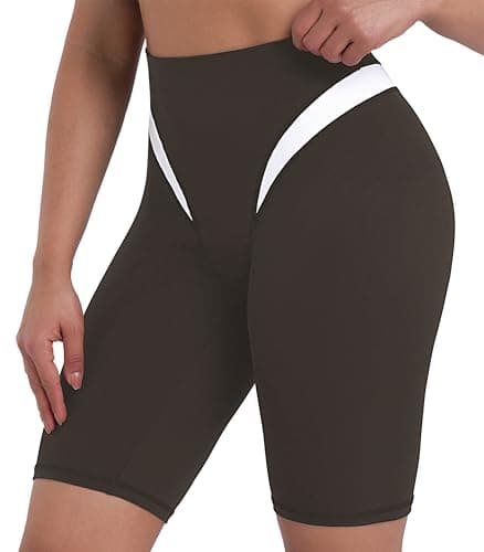 Sunzel Women's Color Block Biker Shorts - 9" High Waist Tummy Control Yoga Workout Stretchy Shorts for Gym Running Athletic Seal Brown White Large - Image 1