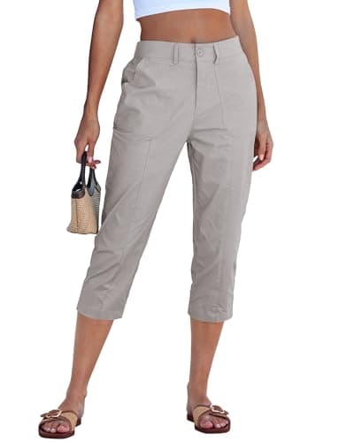 GRAPENT Cotton Capri Pants for Women Trendy Women's Capris with Pockets Business Casual Capris for Women Office High Waist Capri Pants Womens Summer Light Gray Plus Size 20 to 22 - Image 1