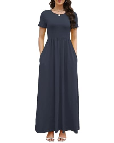 COSSEN Women’s Crewneck Short Sleeve Maxi Dress Navy Blue Medium with Pockets – Casual Loose Swing Sundress for Wedding Guest, Beach & Vacation