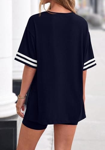 KIRUNDO 2 Piece Sets for Women Summer Lounge Set Airport Travel Outfit 2026 Oversized Shirts Matching Biker Shorts Clothing(Navy Blue, X-Large) - Thumbnail 3