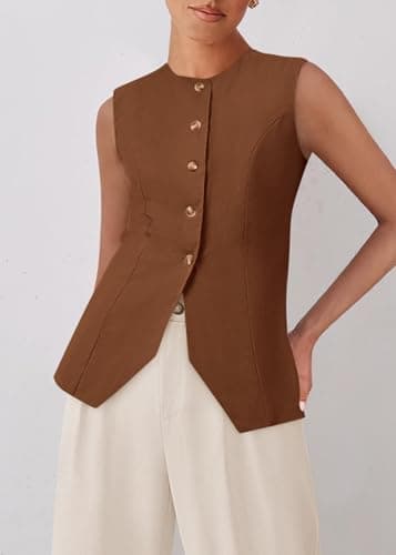 KIRUNDO Vest Tops for Women Trendy Dressy Business Casual Outfits 2026 Summer Sleeveless Fitted Blazer Work Suit Waistcoat(Brown, X-Large) - Thumbnail 4
