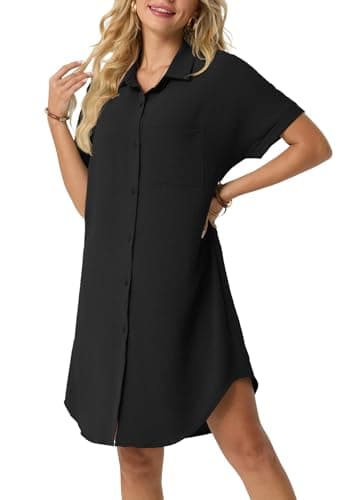 HiMONE Women’s Button Down Shirt Dress Casual Loose Short Sleeve Cover Up with Pocket Lightweight Beach Tunic Dress - Image 1