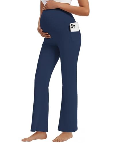 M MOTEEPI Maternity Work Pants 29" Over Belly Stretchy Pregnancy Dress Pants Adjustable Waistband Side Pockets for Work Leggings Navy Blue Small - Image 1