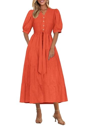 PRETTYGARDEN Summer Dresses for Women 2026 Elegant Classy Short Sleeve V Neck Ruffle A Line Belted Long Beach Vacation Dress (Orange,Medium) - Image 1