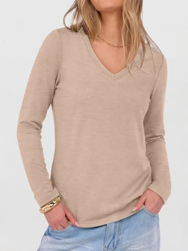 ANRABESS Women's Long Sleeve Shirts V Neck Top, Almond, XXL - Thumbnail 4