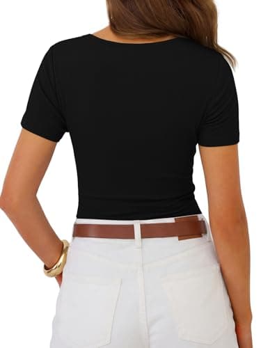 GKBK Short Sleeve Black Tops for Women Lace V Neck Cute Sexy Y2k Top Basic Tees Ribbed Fitted Shirts Going Out Summer Trending Fashion Clothes M - Thumbnail 3