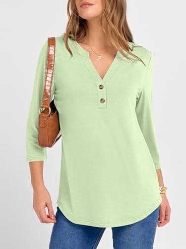 ANRABESS Women 3/4 Length Sleeve Henley Tops V Neck Business Casual Work T Shirts Cute Travel Shirt 2026 Spring Trendy Outfit Light Green Small - Thumbnail 2