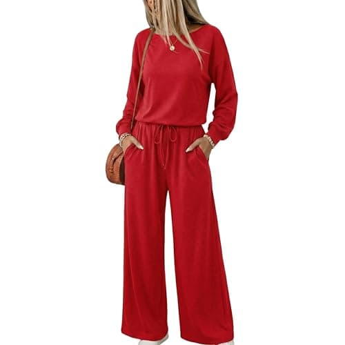 GAMISS Womens Jumpsuits Casual Dressy Long Sleeve Boat Neck Loungewear Airport Travel Outfit Solid Baggy Rompers Red S - Image 1