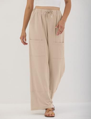 ZAFUL Womens Baggy Wide Leg Linen Pants Casual High Waisted Lounge Palazzo Pants with Pockets Khaki M - Thumbnail 3