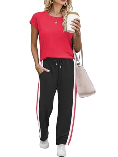 Casly Lamiit Womens Summer Outfits Travel Lounge Sets Short Sleeve Two Piece Sets Crew Neck Casual Tracksuits Red XS - Image 1