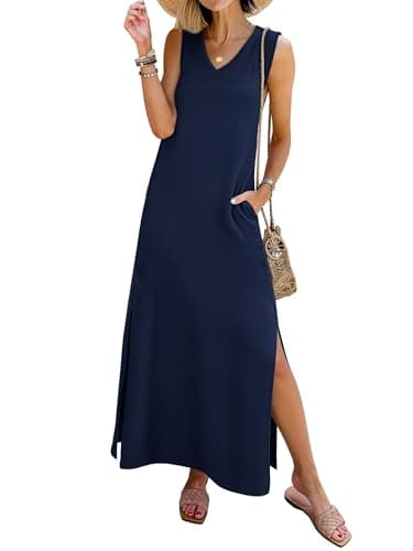 ANRABESS Womens Summer Casual V Neck Sleeveless Tank Maxi Dress Split Wrinkle-Free Beach Vacation Sundress Cruise Outfits Navy Blue Large - Image 1