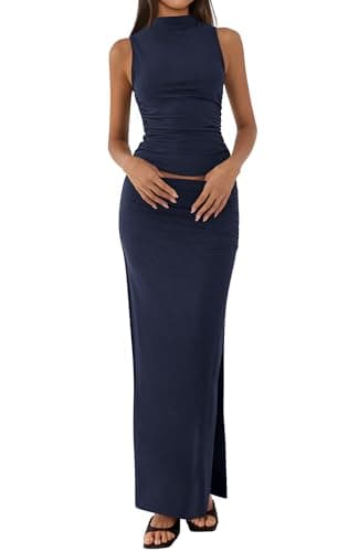 BTFBM Womens Two Piece Outfits Summer Lightweight 2026 Mock Neck Sleeveless Knit Tops Maxi Skirt Set Going Out Dress(Navy, Medium) - Image 1