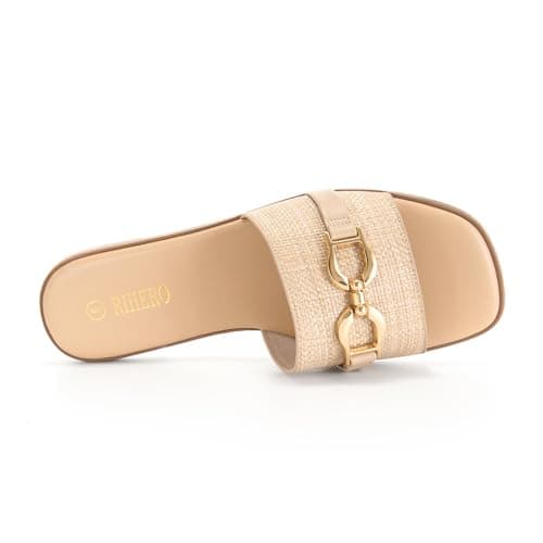 Rihero Women's Flat Sandals Comfortable Dressy Square Peep Toe Slides Slip On Beach Cute Ladies Raffia Sandals Size 8 - Thumbnail 4