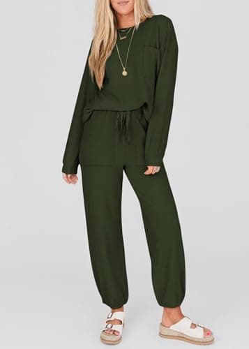 KIRUNDO Lounge Sets for Women 2026 Fall Airport Travel Outfits Ribbed Knit Tops Jogger Pants Tracksuit Postpartum Comfy Set(Army Green, Large) - Thumbnail 2