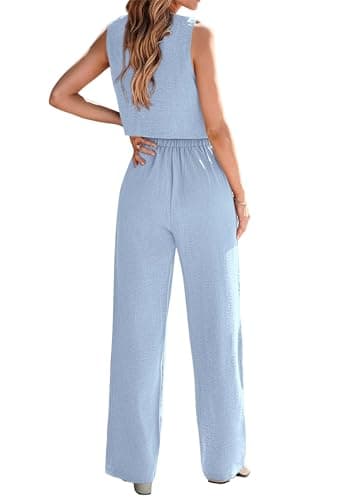 KIRUNDO Two Piece Outfits for Women Summer Sets 2026 Trendy Button Crop Vest Wide Leg Pantsuit Matching Set Spring Fashion Clothes(Sky Blue, XX-Large) - Thumbnail 2