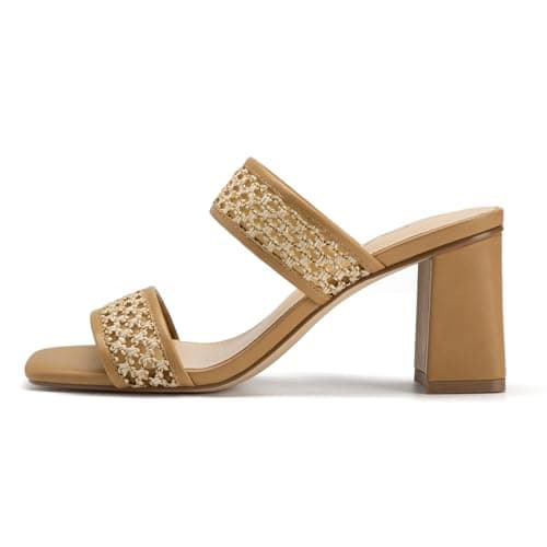 Athlefit Women's Braided Heels Square Toe Strappy Braided Sandals Slides Slip On Woven Block Brown Braided Heels Size 7 - Thumbnail 6